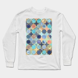 Cream, Navy and Aqua Geometric Tile Pattern Long Sleeve T-Shirt